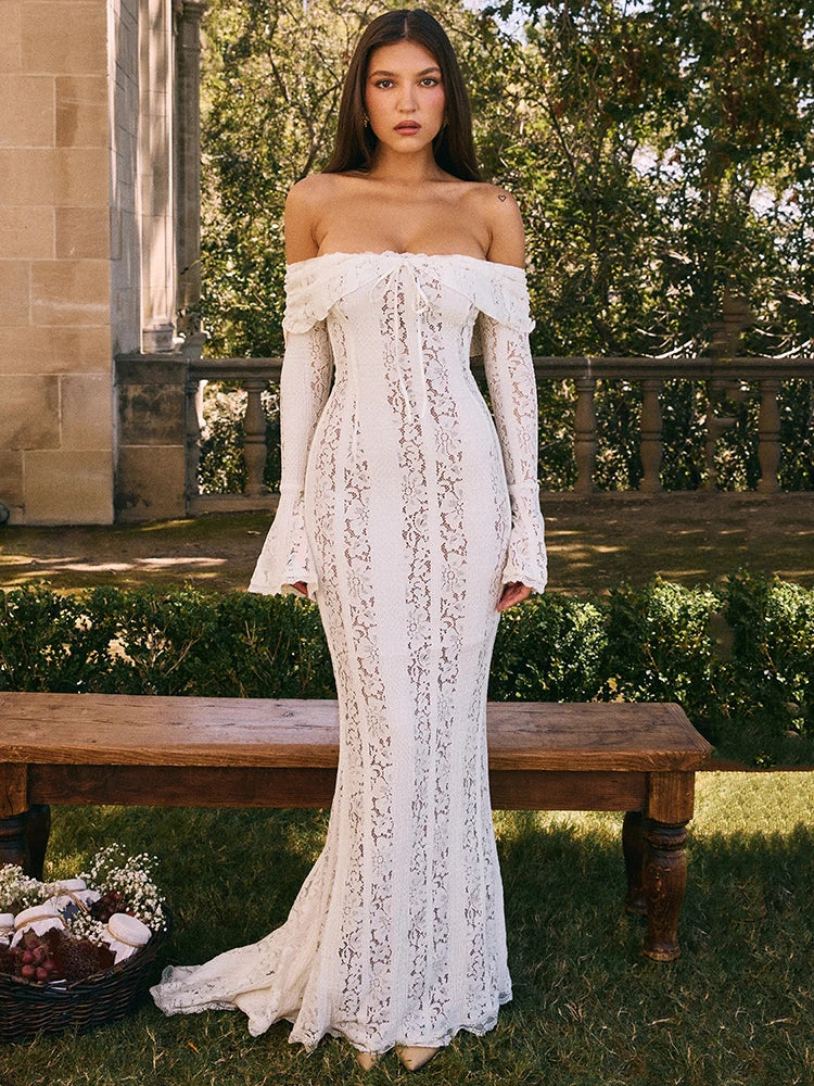 Lace Off-shoulder Maxi Dress for White Strapless Backless Long Sleeve Bodycon Club Party Long Dress