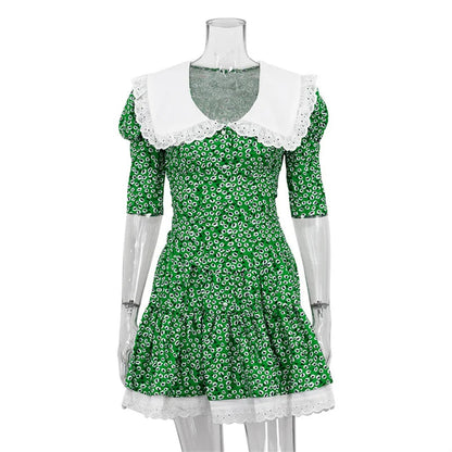 Summer Printed Patchwork Mini Dress Female Vneck Short Sleeve Slim Party Dress Gown for Dress