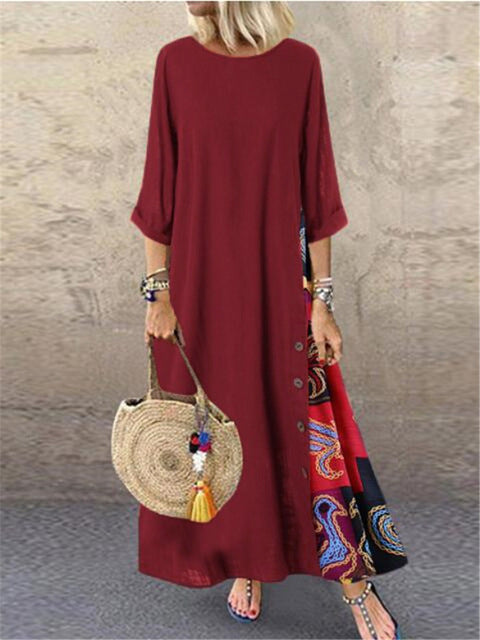 Cotton Linen Long Dresses Three Quarter Sleeves Splicing Print Loose A-line Dress Lady Maxi Vestido