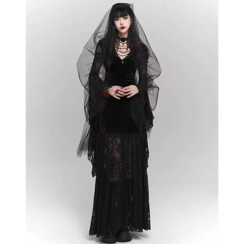 Gothic Black Midi Dresses V-neck Irregular Flrae Sleeve Y2k Lace Bandage Dark Style Harajuku Clothing New