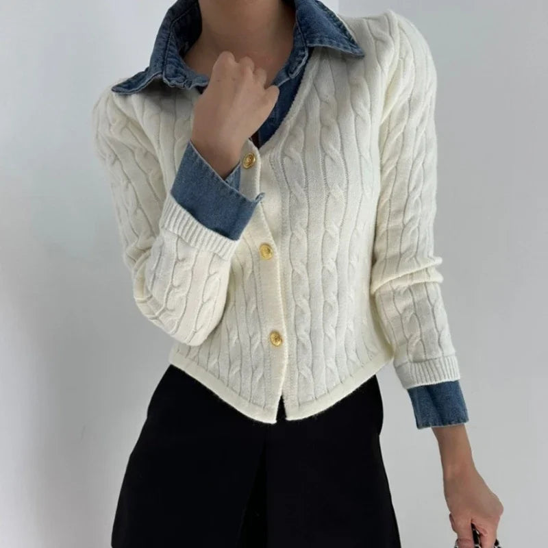 Contrast Color Denim Patchwork Longsleeved Cardigan Autumn New Polo Collar Multi Buttons Knitted Tops