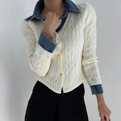 Contrast Color Denim Patchwork Longsleeved Cardigan Autumn New Polo Collar Multi Buttons Knitted Tops