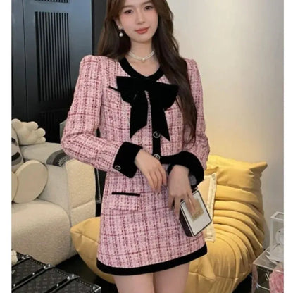 Autumn Winter Tweed Two-piece Skirt Set Short Jacket Coat + Mini Skirt Suits Korean Female Outfits