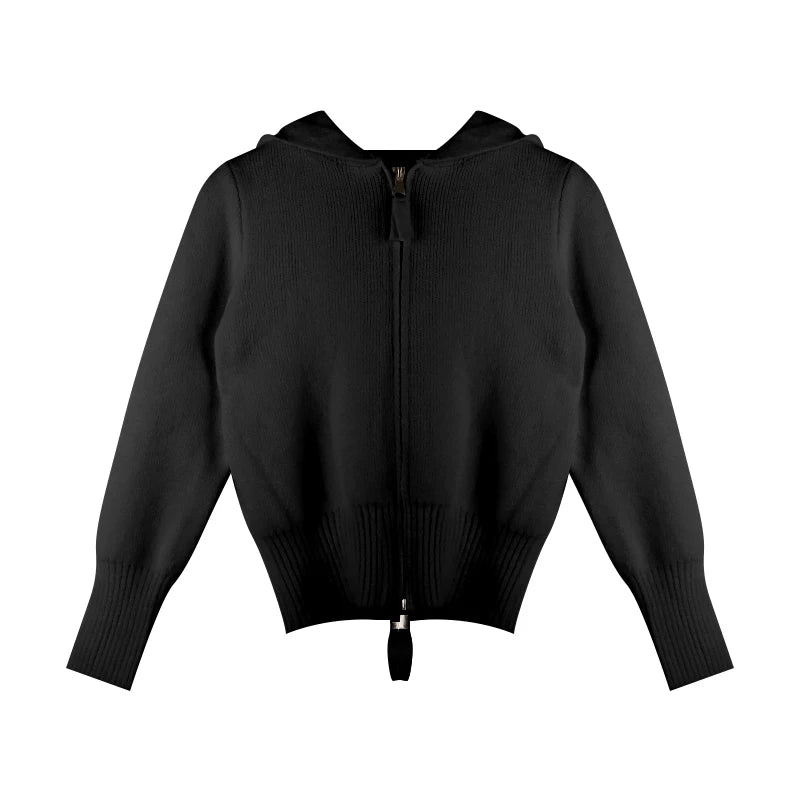 Double Zipper Cropped Knitwear Basic Zip Up Hooded Knitted Cardigan Slim Long Sleeve Sweaters for Winter Clothes