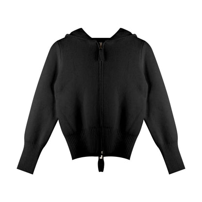 Double Zipper Cropped Knitwear Basic Zip Up Hooded Knitted Cardigan Slim Long Sleeve Sweaters for Winter Clothes