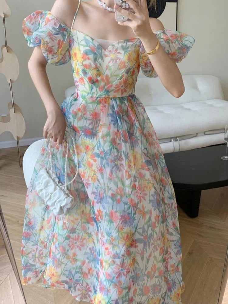French Puff Sleeves Long Dress Summer Korean Cool and Breathable Bare Shoulder Vestidos Robe