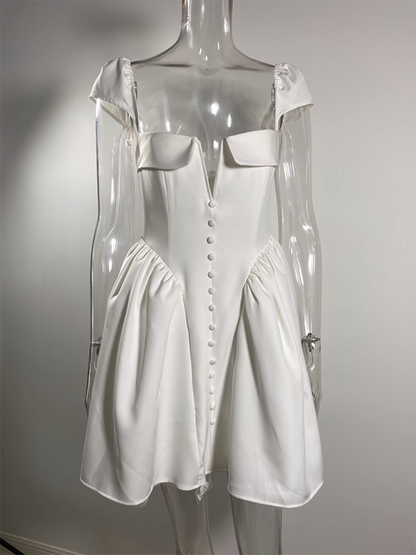 White Backless Mini Dress for Square Collar Short Sleeve High Waist A-line Club Party Dress