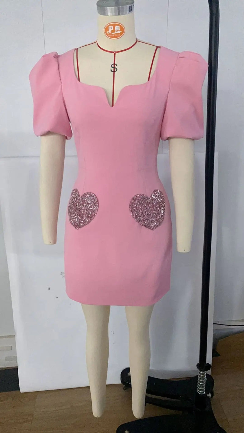 Summer Dress Heart Shaped Sequins Party Mini Dress Female Puff Sleeve V Neck Robe Slim Pink Dresses Clothes