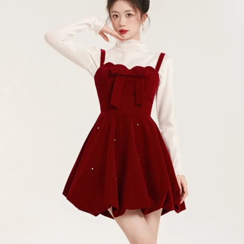 Christmas Two-piece Dress Set Sweater A-line Velvet Sleeveless Short Dress Korean Female Autumn New Outfits