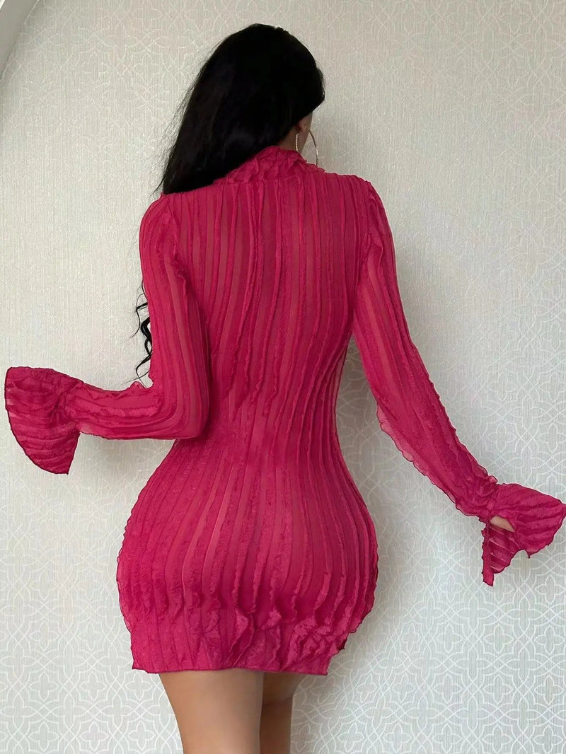 High Necked Pleated Slim Dress New Spring Long Sleeved Office Wrap Hip Dress Club Party Mini Dress Vestidos