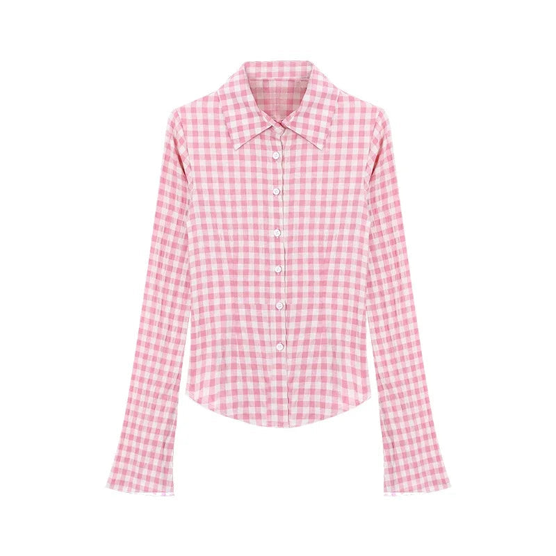 Y2k Pink Plaid Shirts Check Graphic Long Sleeve Blouses Female Spring Autumn Slim Button Up Cardigan Ins