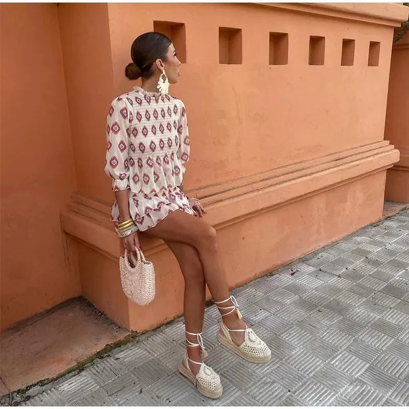 New Woman Ruffles Hem Mini Printed Shirt Skirt 2 Piece Set Female Puff Sleeve Blouse High Waist Mini Dress Suit Outfits