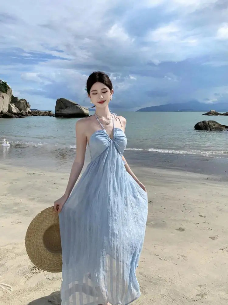 Blue Checkered Backless Halter Laceup Long Dresses Summer New High Waist Club Beach Vacation Pleated Sundress