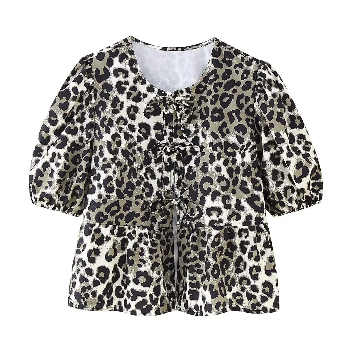 Summer Printed Cropped Shirts Top Puff Short Sleeves Round Neck Blouse Female Laceup Tshrit