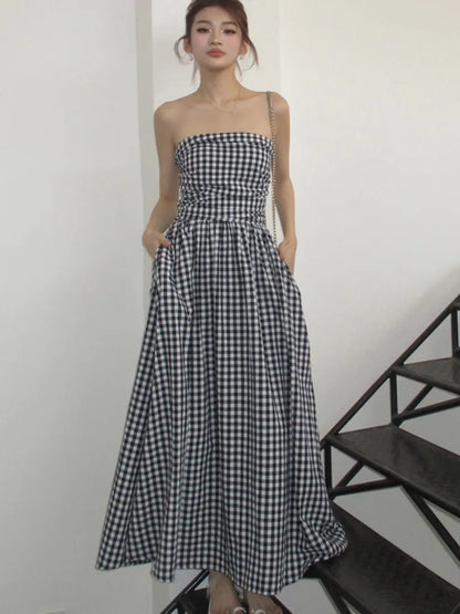 Strapless Midi Dresses for Striped Sleeveless A-line Korean Summer New Party Dress Vestidos Mujer