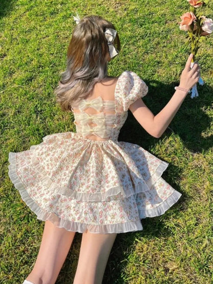Print Mini Dress Spring Summer Hollow Out Princess Party Dresses Female Vestidos