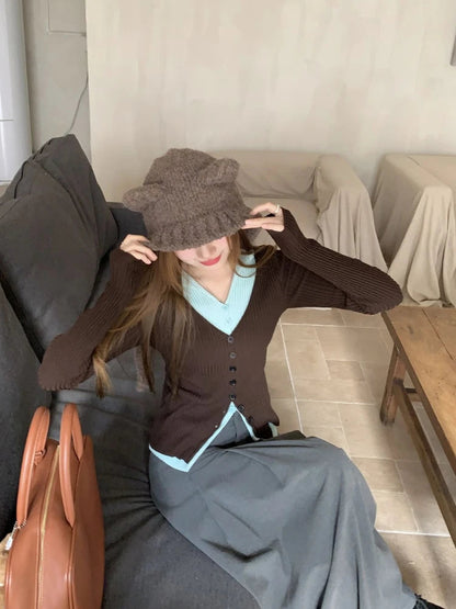Y2k Brown and Mint Green Fake Two Pieces Knitwear Slim Button Up Cardigan Autumn Winter Ribbed Sweater Korean