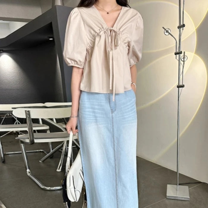 Spring Summer Puff Sleeve Vneck Blouses Short Sleeve Loose Laceup Shirts for