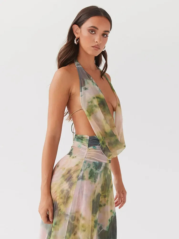 Printed Lace Up Deep Vneck Halter Dress Backless Sleeveless Long Dresses Summer Party Beach Vacation Vestido