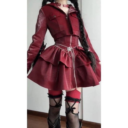 Sweet Hoodie Long Sleeve Coat + Y2k Slim Waist Halter Ruched Vest Dresses Autumn New Two Piece Sets