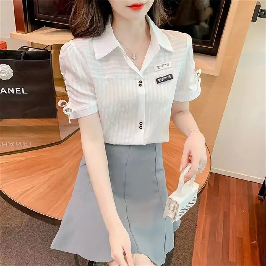 Woman Summer Style Blouses Shirts Lady Short Sleeve Turn-down Collar Color Blusas Tops Df4392