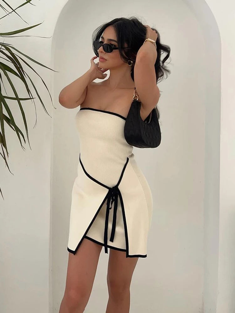 Slim Knitted Tube Top Dress Woman Contrast Color Splice Sleeveless Mini Dress Beach Holiday Dresses
