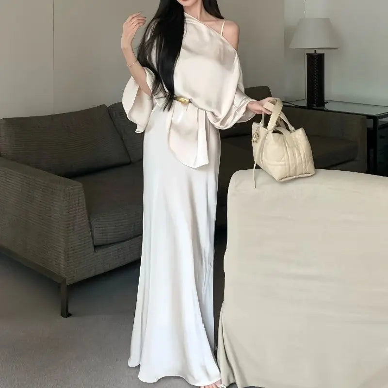 French Style Fish Tail Dress Set Slimming Strap Camisole Long Dress Summer New Slant Shoulder Top Two Piece Set Outfits