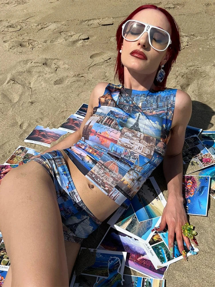 O-neck Sleeveless 2 Piece Sets Outfits Printed Y2k Clothes Summer Shorts Set Slim Conjunto Dos Piezas Mujer
