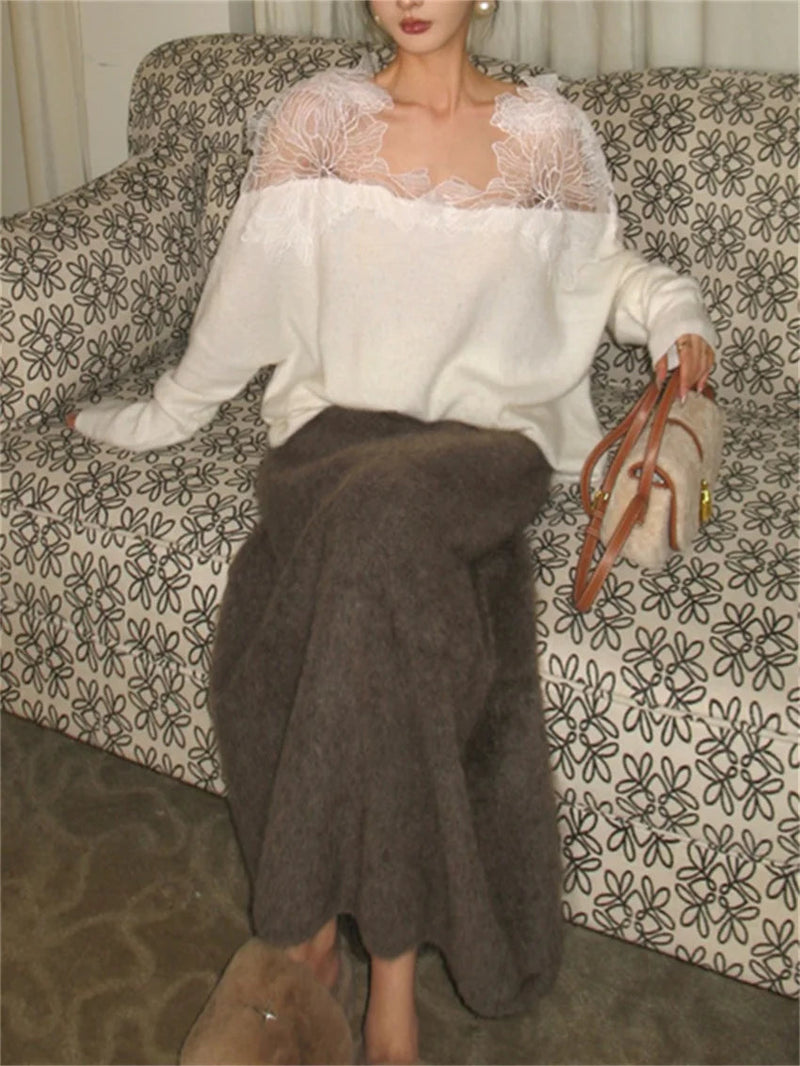 Lace Patchwork Knitted Sweaters Lady Spring Office Wear Pullovers Daily Loose Slim