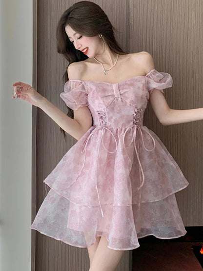 Korean Sweet Laceup Mini Dress Print Puff Sleeve Ball Gown Birthday Party Short Dresses Summer Spring Princess Vestidos