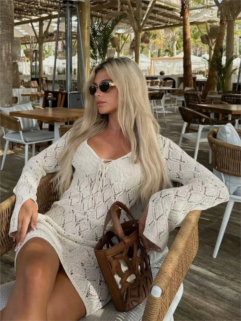 Hollow Out Knitted Beach Dress New V Neck Long Sleeve Lace-up Vestidos Summer Holiday Mini Dresses