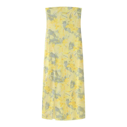 Summer Printed Tube Long Dress for Woman Strapless Slit Slim Fit Dresses Female Tulle Dress