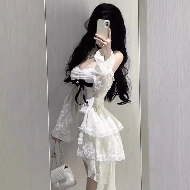 Y2k Lace Bodycon Mini Dresses for Slash Neck Flare Sleeve A-line Birthday Party Short Train Dress Korean Vestidos