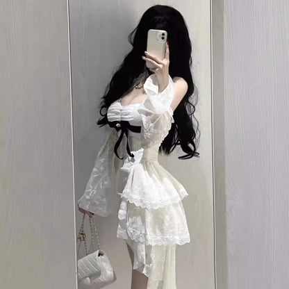 Y2k Lace Bodycon Mini Dresses for Slash Neck Flare Sleeve A-line Birthday Party Short Train Dress Korean Vestidos
