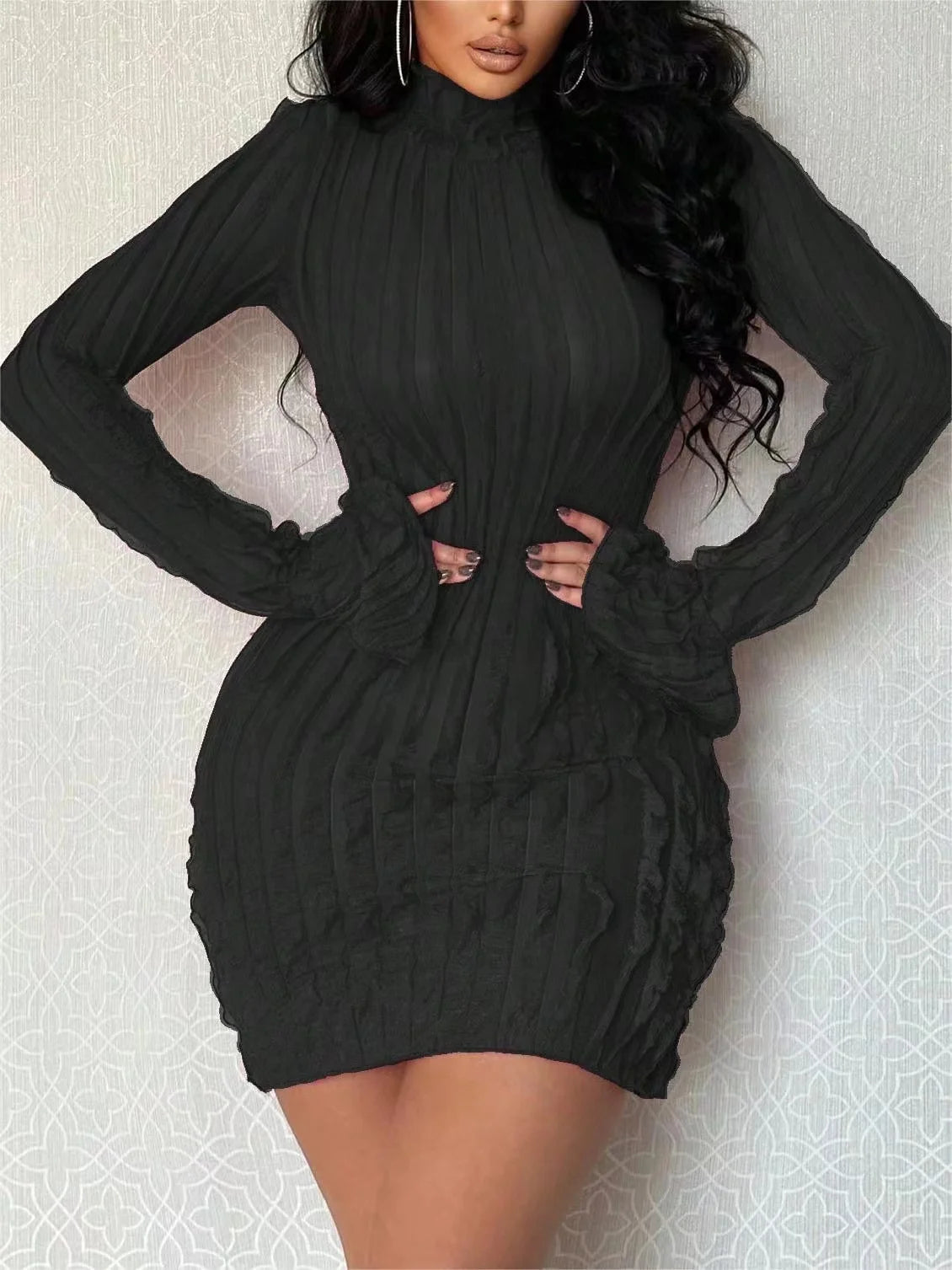 High Necked Pleated Slim Dress New Spring Long Sleeved Office Wrap Hip Dress Club Party Mini Dress Vestidos