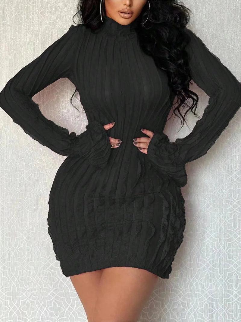 High Necked Pleated Slim Dress New Spring Long Sleeved Office Wrap Hip Dress Club Party Mini Dress Vestidos