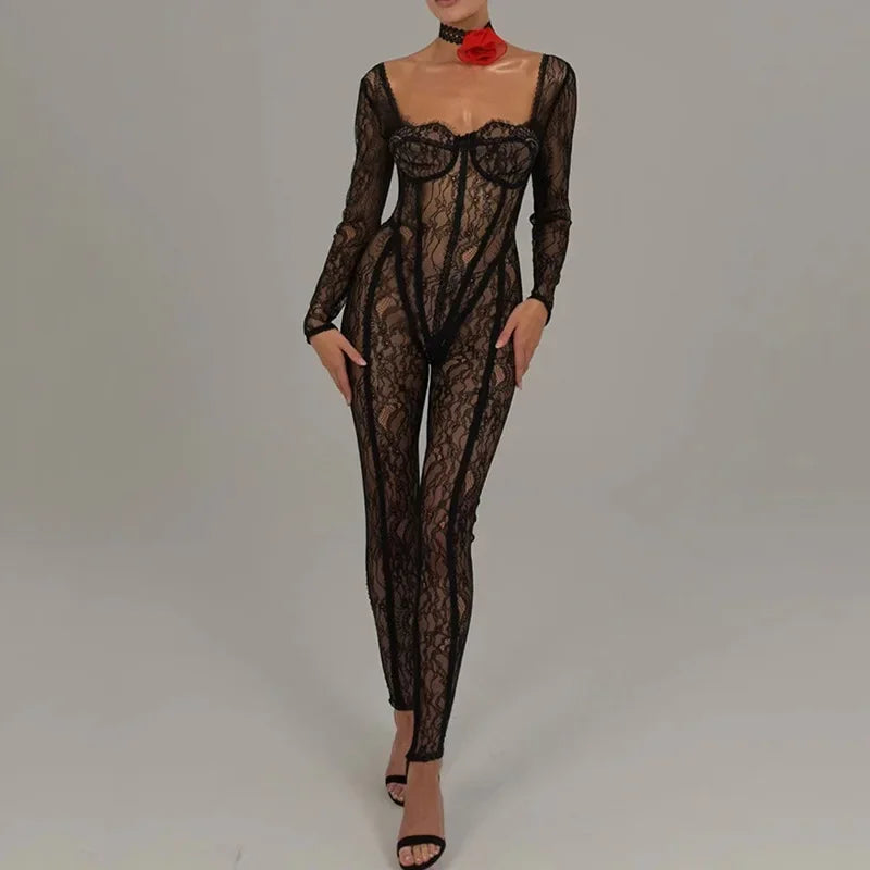 Sheer Lace Hollow Out Jumpsuits Zip Up Backless Outfits Unitards Square Neck Romper Overalls One Piece