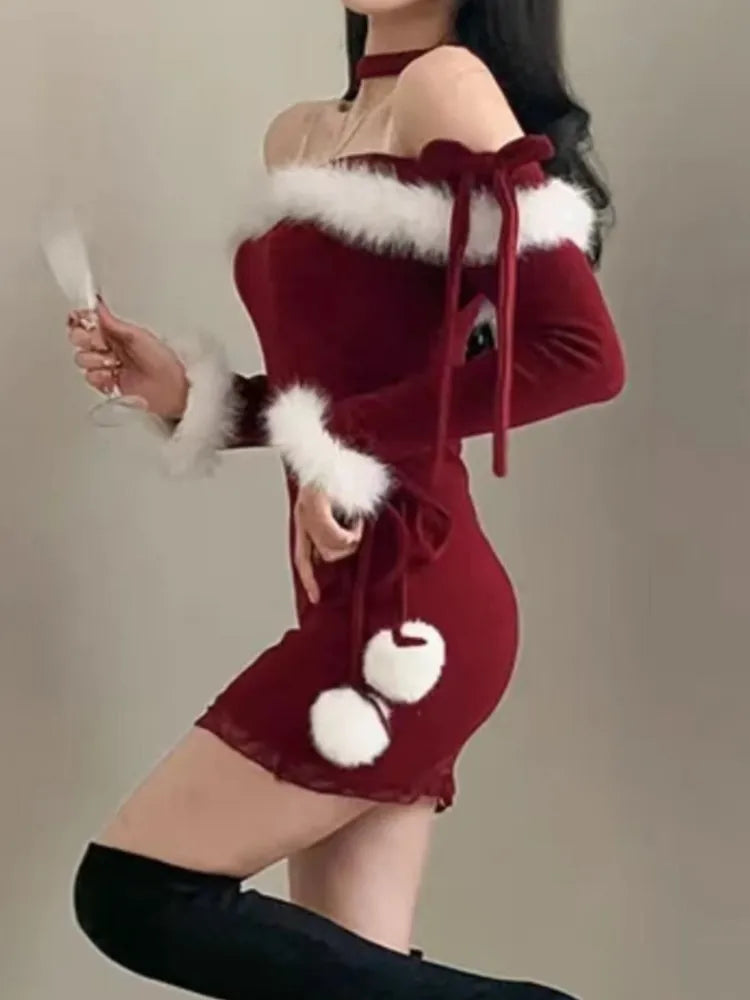 Kawaii Halter Mini Dress Sweet Bodycon Princess Christmas Birthday Party Dresses Autumn Female Slim Fit Short Vestidos Mujer New