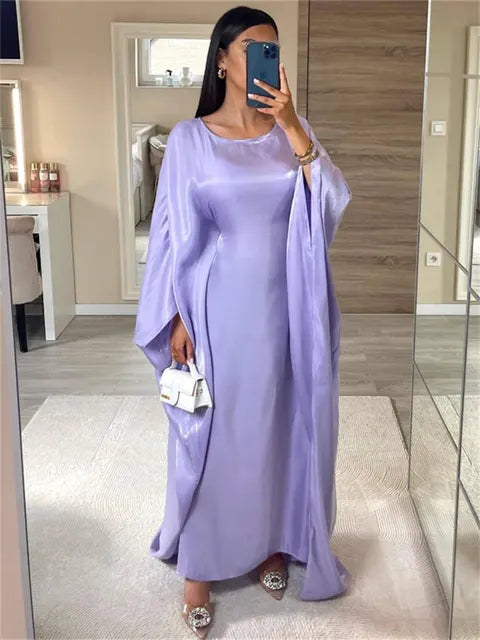 Autumn Loose Shiny Maxi Dress ’s Butterfly Batwing Long Sleeve Muslim Clothes Party Dress Female Long Dress New