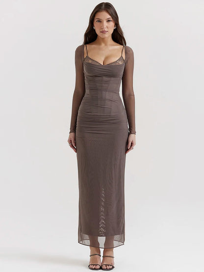 Sheer Long Sleeve Maxi Dress for Mesh Strapless Backless Club Party Long Dress New