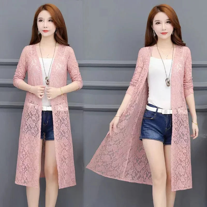 Summer Sun Protection Lace Cardigan Mid-length Mesh Shawl Loose Clothing Jacket Shirt Outerwear