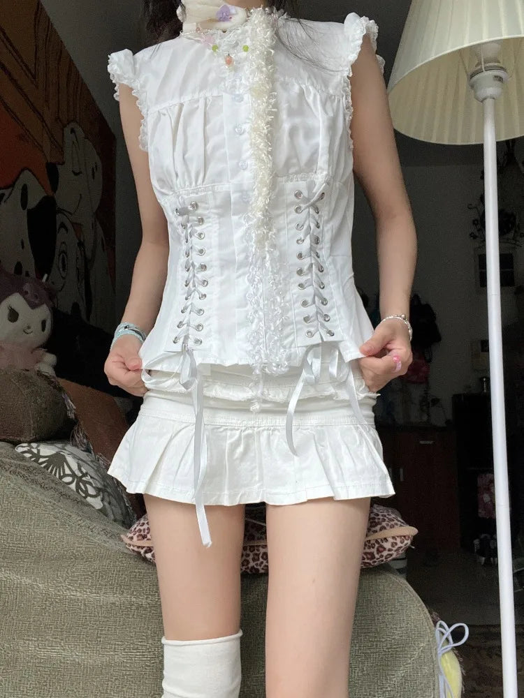 Fungus Flying Sleeve Shirts Slim Waist Lace Up Vest Blouses Y2k Grunge Single Breasted White Blusas Mujer