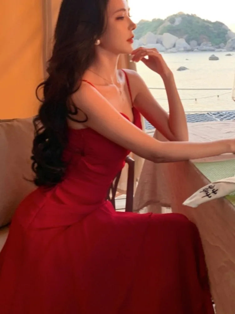 Summer Red Dresses Spaghetti Strap Sleeveless Ruffles Birthday Party Long Dress Holiday Prom Aline Vestidos New