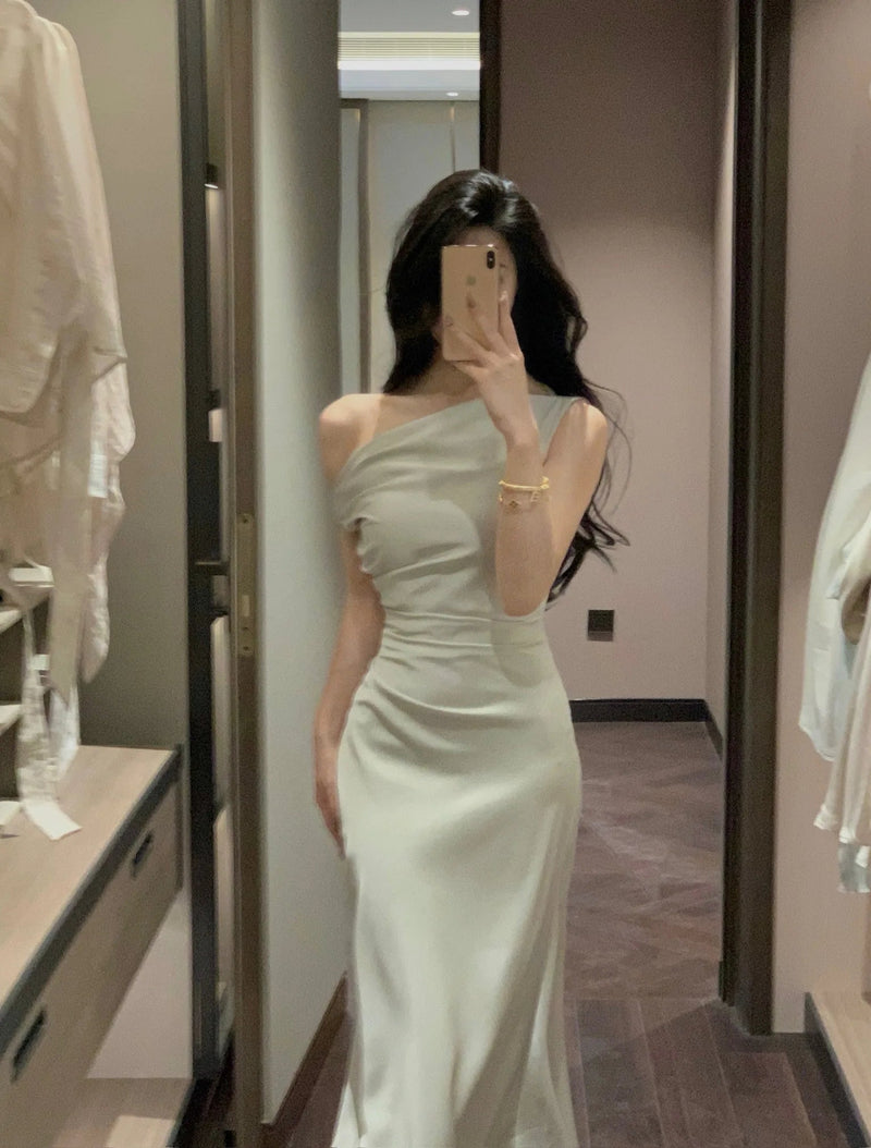Evening Party Satin Long Dresses for Summer Pink Birthday Robe Slash Sleeveless Slim Female Clothing