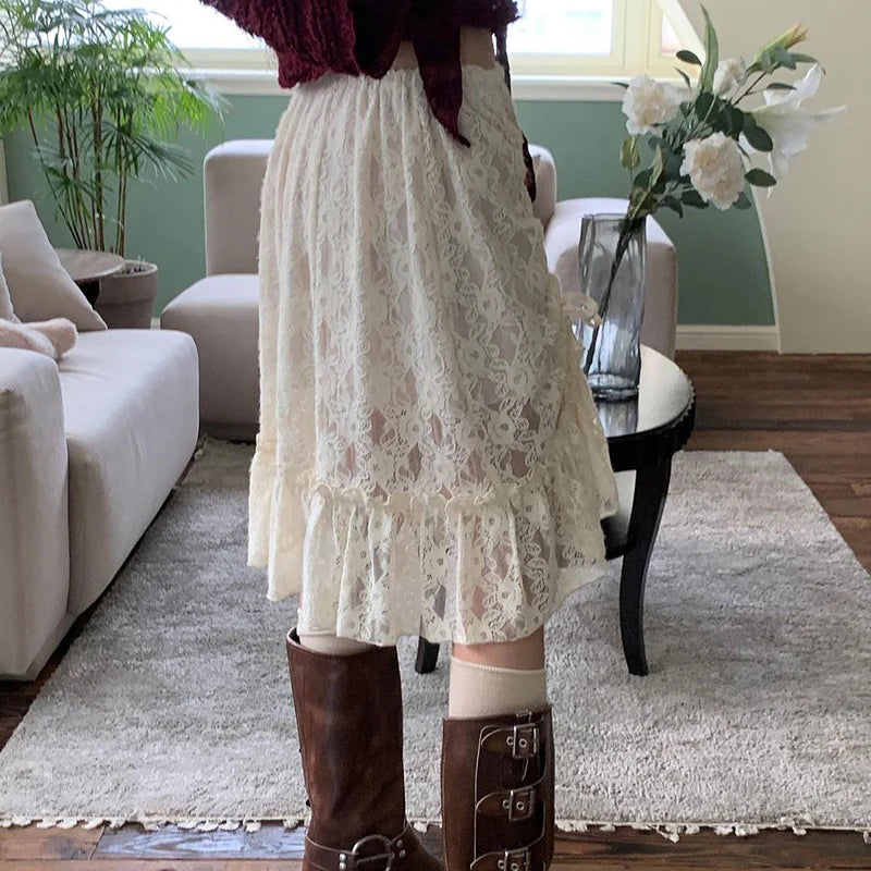 Low Waist Drawstring Pleated Kneelength Skirt Spring New Korean Hollow Color Lace Aline Skirt
