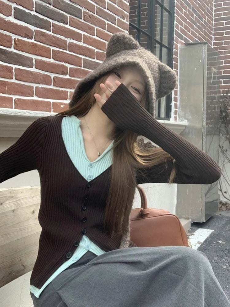 Y2k Brown and Mint Green Fake Two Pieces Knitwear Slim Button Up Cardigan Autumn Winter Ribbed Sweater Korean