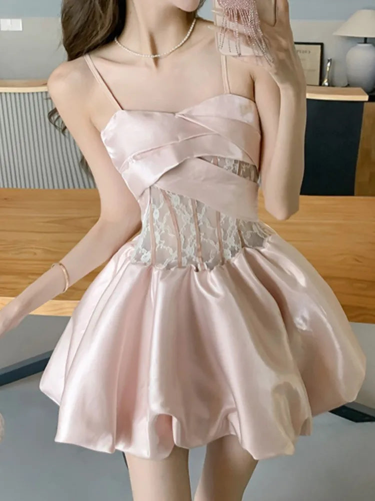 New Spring Summer Satin Mini Dress Spaghetti Strap Party Birthday Sweet Clothes Female Vestidos