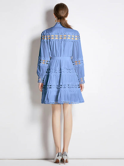Stand Collar Single Breasted Dresses Spring and Autumn Hollow Out Embroidery Lace Trims White Mini Dress