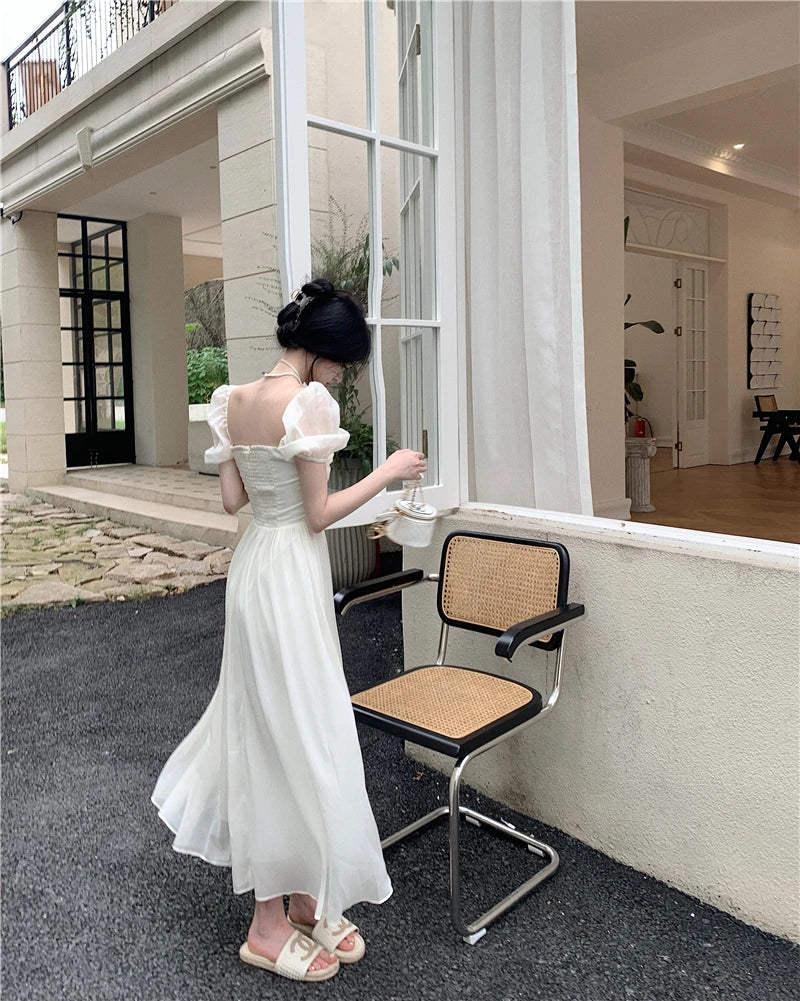 Summer Halter Midi Dress Female Chiffon Square Neck Party One Pieces Dresses French New Vestidos Robe