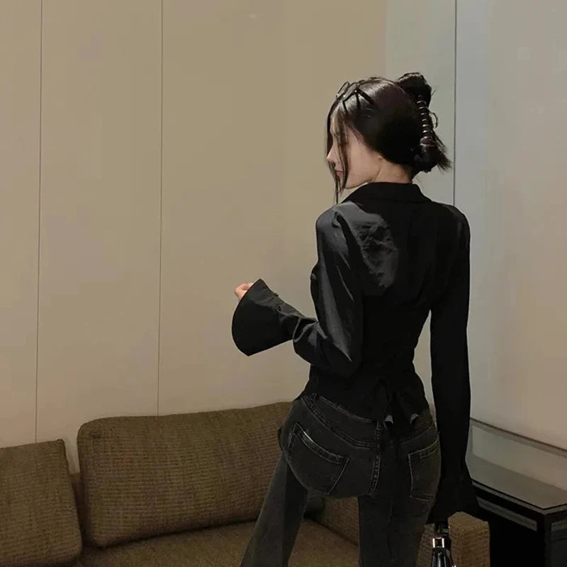 Bandage Shirts White Flare Long Sleeve Slim Blouses Spring Korean Black Lace Up All Match Tops